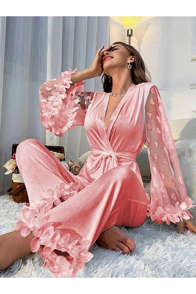 SATTENS Dowry Stylish Lace Detailed Ruffled Satin Sleeping Pajama Set with Belt