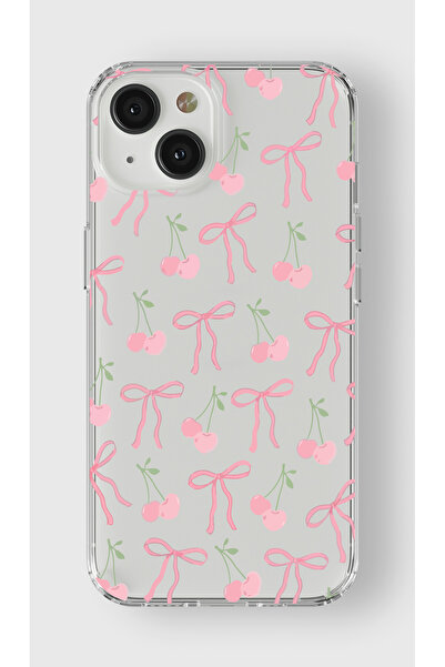 moonset Iphone 15 Plus Uyumlu Kiraz ve Fiyonk Tasarımlı Baskılı Şeffaf Telefo...