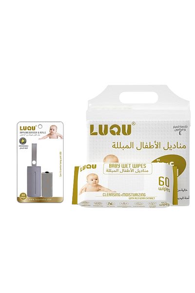 LUQU BABY Disposable Bags,2 Refill Rolls/30 Bags with Dispenser,Aloe Vera & Vitamin E,4x60,Water Wet Wipes