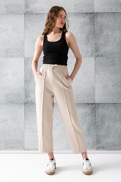 CNRCollection Women's Beige Elastic Waist Pocket High Waist Front Ribbed Balloon Mold Modal Fabric Balloon Pants
