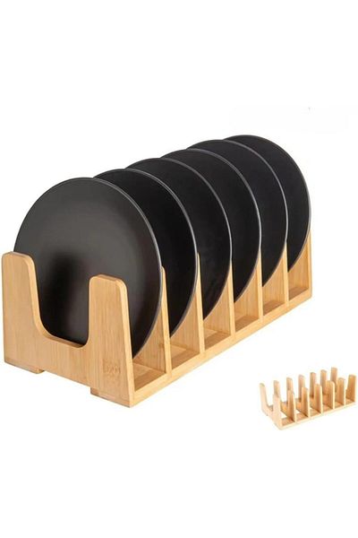 LUXE 6 Compartment Bamboo Plate Rack and Pot Lid Organizer – Natural Wood, Stylish and Durable