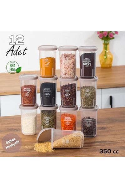 Mu Art Ahşap Mrt 1113 Set of 12 Leakproof Flat Lid Labeled Spice Jars - Food Storage Container-Cap