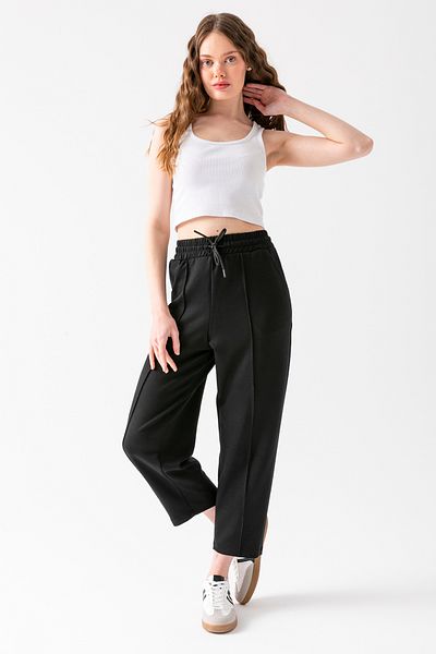 CNRCollection Women's Black Elastic Waist Pocket High Waist Front Ribbed Balloon Mold Modal Fabric Balloon Pants