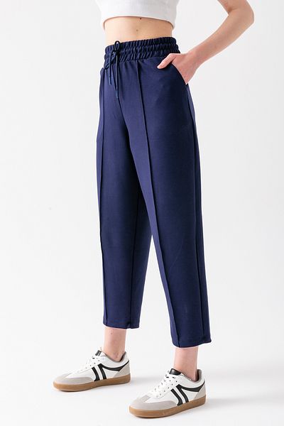CNRCollection Women's Navy Blue Elastic Waist Pocket High Waist Front Ribbed Balloon Mold Modal Fabric Balloon Pants