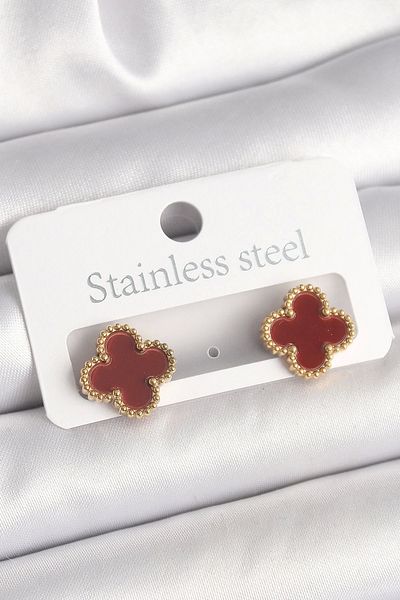 Clariss Brass Gold Color Claret Red Clover Model Women's Earrings