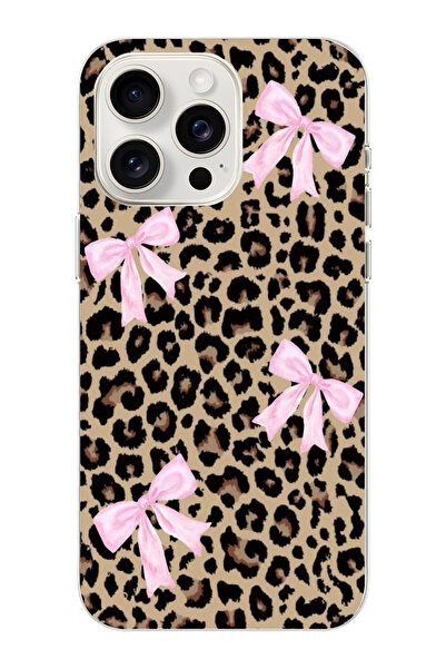 moonset Iphone 14 Pro Max Uyumlu Leopar ve Fiyonk Tasarımlı Baskılı Şeffaf Te...