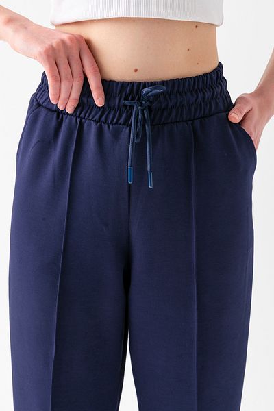CNRCollection Women's Navy Blue Elastic Waist Pocket High Waist Front Ribbed Balloon Mold Modal Fabric Balloon Pants