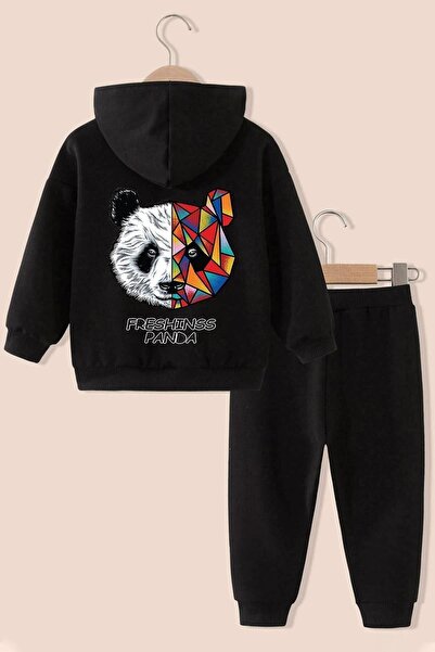UygunModa Back Printed Panda Hooded Thick Cotton Inside Lined Children's Trac...