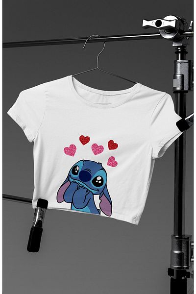 Fuddy Moda Χαριτωμένο Stich Printed Crop Top, Γυναικεία μπλούζα με θέμα κινουμένων σχεδίων