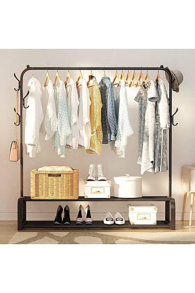 COOYA Metal Clothes Hanger With Storage Shelves, Hooks, 110x54x150cm, Organizer for Hanging Clothes