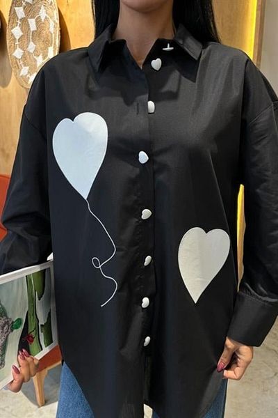 BEFAON Oversize Shirt with Heart Embroidery and Button Detail 3430