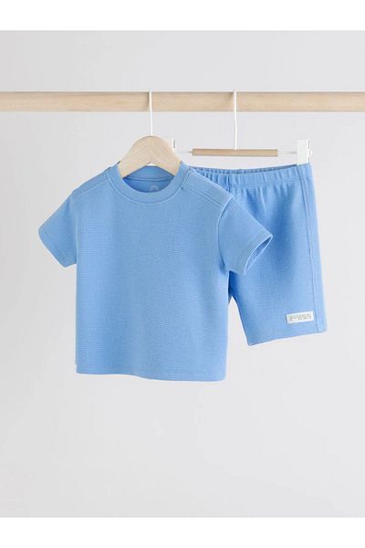 Next Baby 100% Organic Cotton Blue Plain 2 Piece Bottom Top Shorts-T-Shirt Set