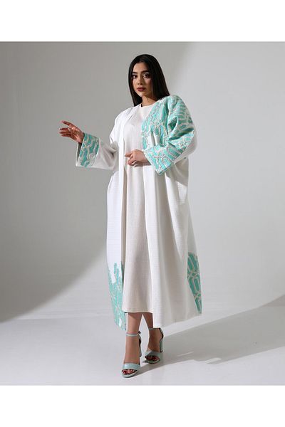 Marvella By Rasha White Abaya with Mint Embroidered Details