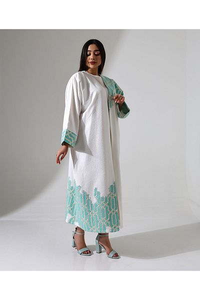 Marvella By Rasha White Abaya with Mint Embroidered Details
