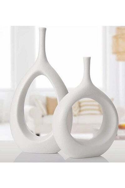 HALAMODO 2 Pcs Creative Dried Flowers Ornament White Ceramic Vase Decoration For Home Living Room