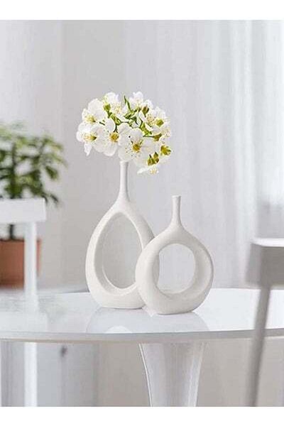 HALAMODO 2 Pcs Creative Dried Flowers Ornament White Ceramic Vase Decoration For Home Living Room