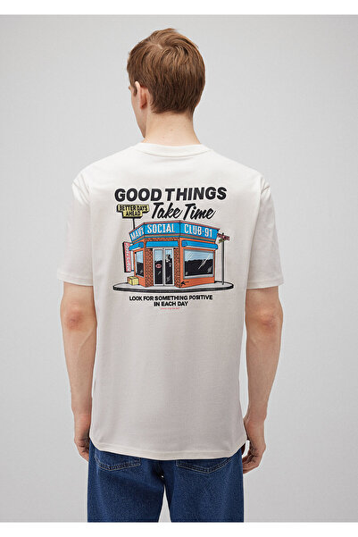 Mavi Sırt Baskılı Beyaz Tişört Loose Fit / Bol Rahat Kesim 0612260-70057