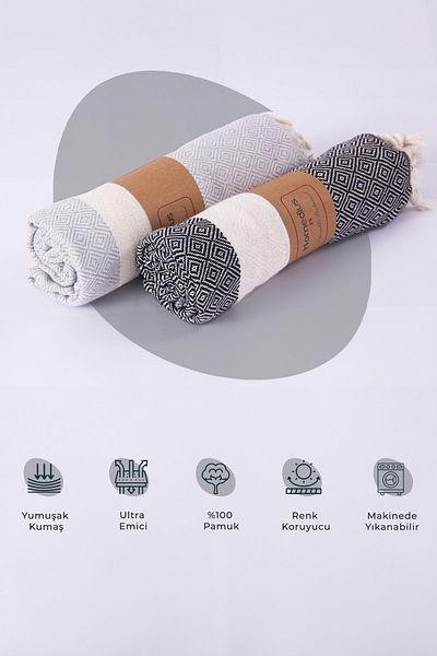 Homedius طقم بيشتيمال قطن 100% باللون الأسود والرمادي مكون من قطعتين - 100x180 سم