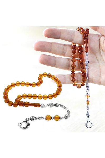 Tesbihane Non-Tarnish Metal Crescent Star Tasseled Globe Cut Yellow Fire Amber Prayer Beads