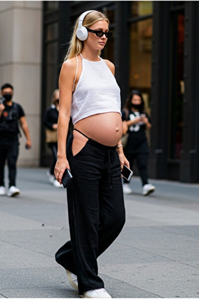 Combattente Pantaloni de maternitate din muselină Y talie înaltă cu șnur regl...