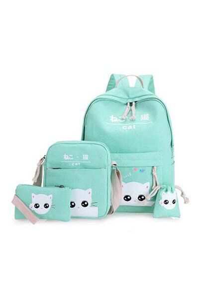 HALAMODO 4-Piece Japanese Cat Harajuku Student Backpack Set Green/White