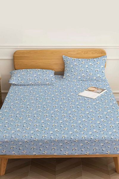 Rivaİstanbul Blue Minimal Daisy Double Bed Sheet Cotton