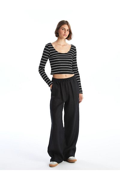 LC Waikiki Comfortable Fit Straight Linen Women's Trousers with Elastic Waist