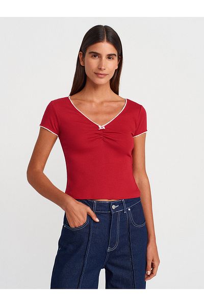 Dilvin 31798 Short Sleeve Gathered Top-Red