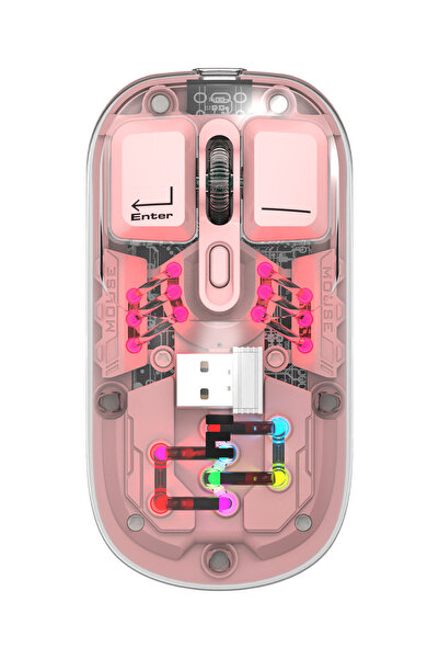 Everest OPAL Şarj Edilebilir Sessiz Pembe Transparan RGB 2in1 2BT ve 2.4GHz Kablosuz Mouse