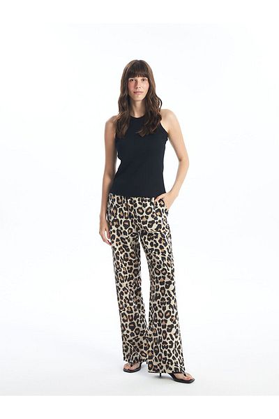 LC Waikiki Elastic Waist Leopard Patterned Linen Blended Women's Trousers