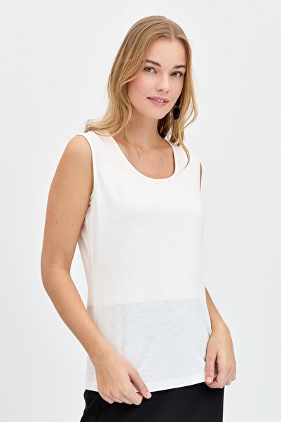 Desen Triko Women's Crew Neck Flared Fabric Basic Strap T-Shirt Ecru