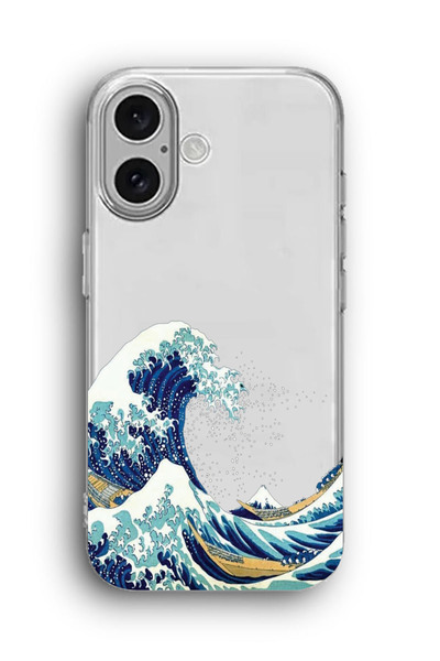 SUPER FRAME iPhone 16 Uyumlu Kanagawa Dalga Desenli Silikon Şeffaf Telefon Kı...