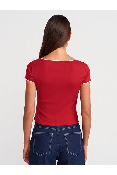 Dilvin 31798 Short Sleeve Gathered Top-Red