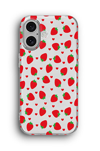 SUPER FRAME iPhone 16 Uyumlu Çilekler ve Kalpler Desenli Silikon Şeffaf Telef...
