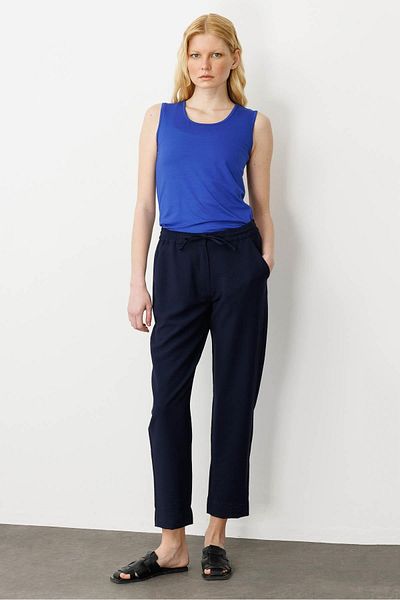 Desen Triko Women's Elastic Waist Linen Trousers Navy Blue