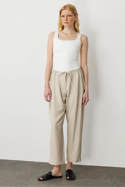 Desen Triko Women's Elastic Waist Linen Trousers Beige