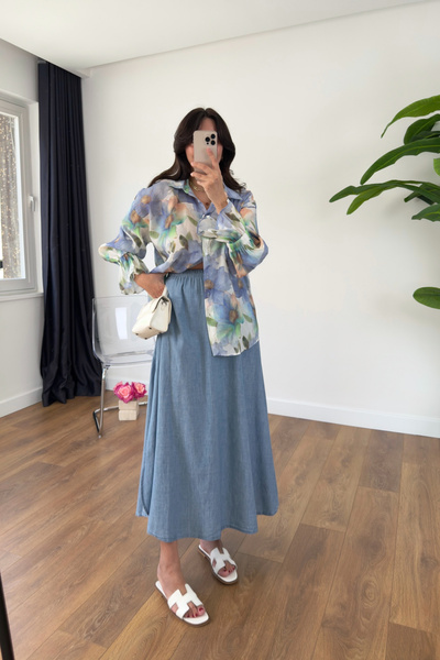 BİRCANÇİL Konika Mavi Cepli Yırtmaç Detaylı Etek