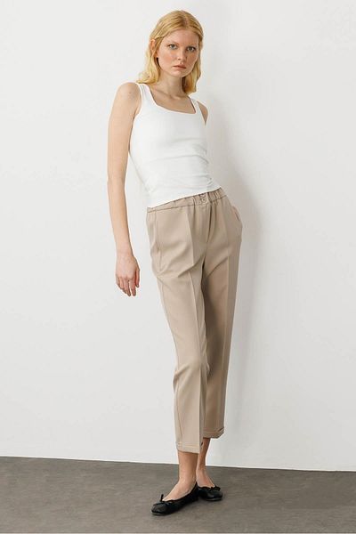 Desen Triko Pantaloni de damă cu centură elastică din țesătură de vară bej