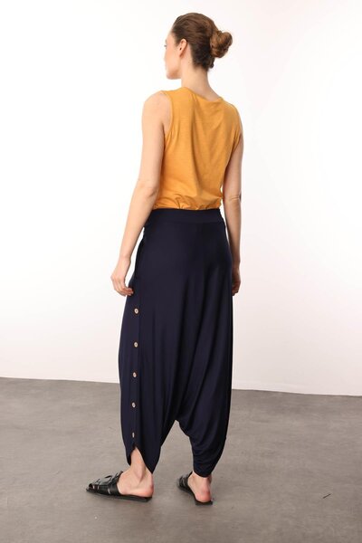 Desen Triko Women's Side Buttoned Combed Cotton Shalwar Trousers Navy Blue