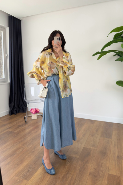 BİRCANÇİL Konika Mavi Cepli Yırtmaç Detaylı Etek