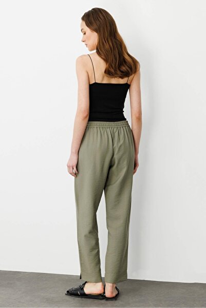 Desen Triko Women's Elastic Waist Linen Trousers Khaki