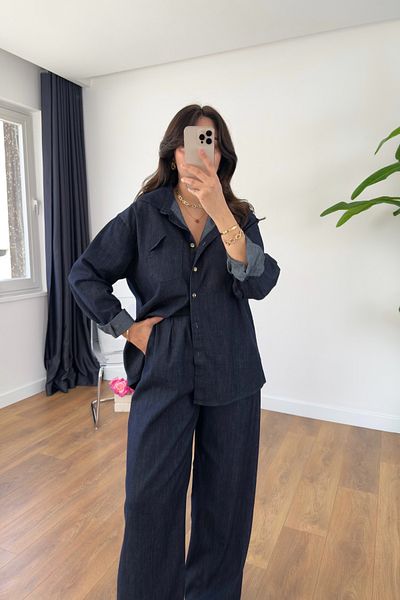 BİRCANÇİL Onna Dark Blue Premium Denim Shirt Pants Set