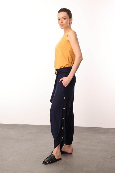 Desen Triko Women's Side Buttoned Combed Cotton Shalwar Trousers Navy Blue