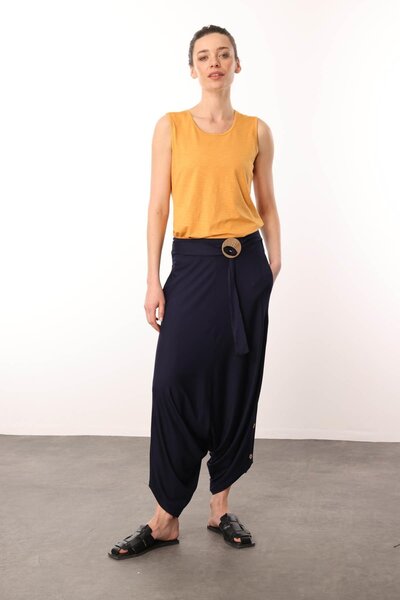 Desen Triko Women's Side Buttoned Combed Cotton Shalwar Trousers Navy Blue