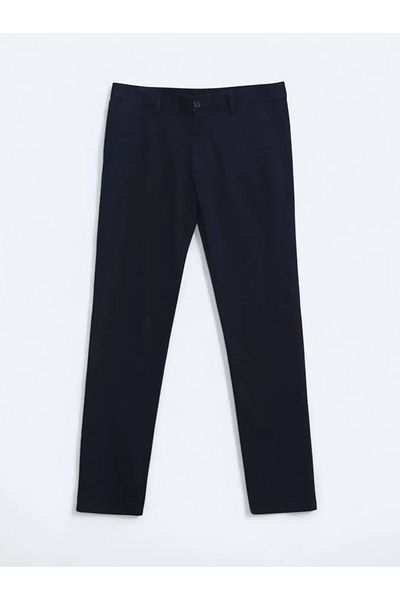 Kip Navy Blue Plain Woven Regular Fit Casual Cotton Blended Trousers