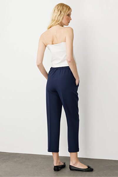 Desen Triko Women's Belt Elastic Summer Fabric Trousers Navy Blue