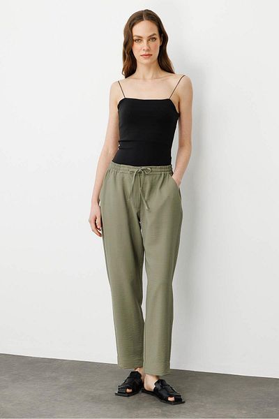 Desen Triko Women's Elastic Waist Linen Trousers Khaki
