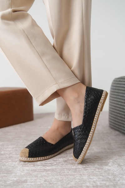 Moda Değirmeni Black Snake Patterned Women's Straw Toe Daily Ballerinas Md1010-111-0001