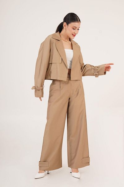 Hipo Trend Belted Waist Sleeve Belt Detail Crop Trench