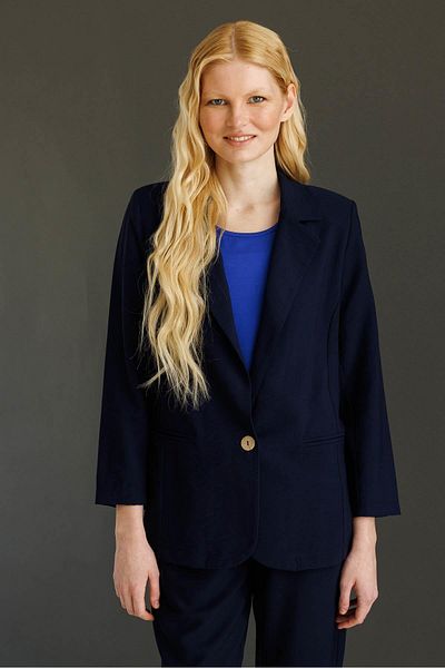 Desen Triko Women's Single Button Linen Jacket Navy Blue